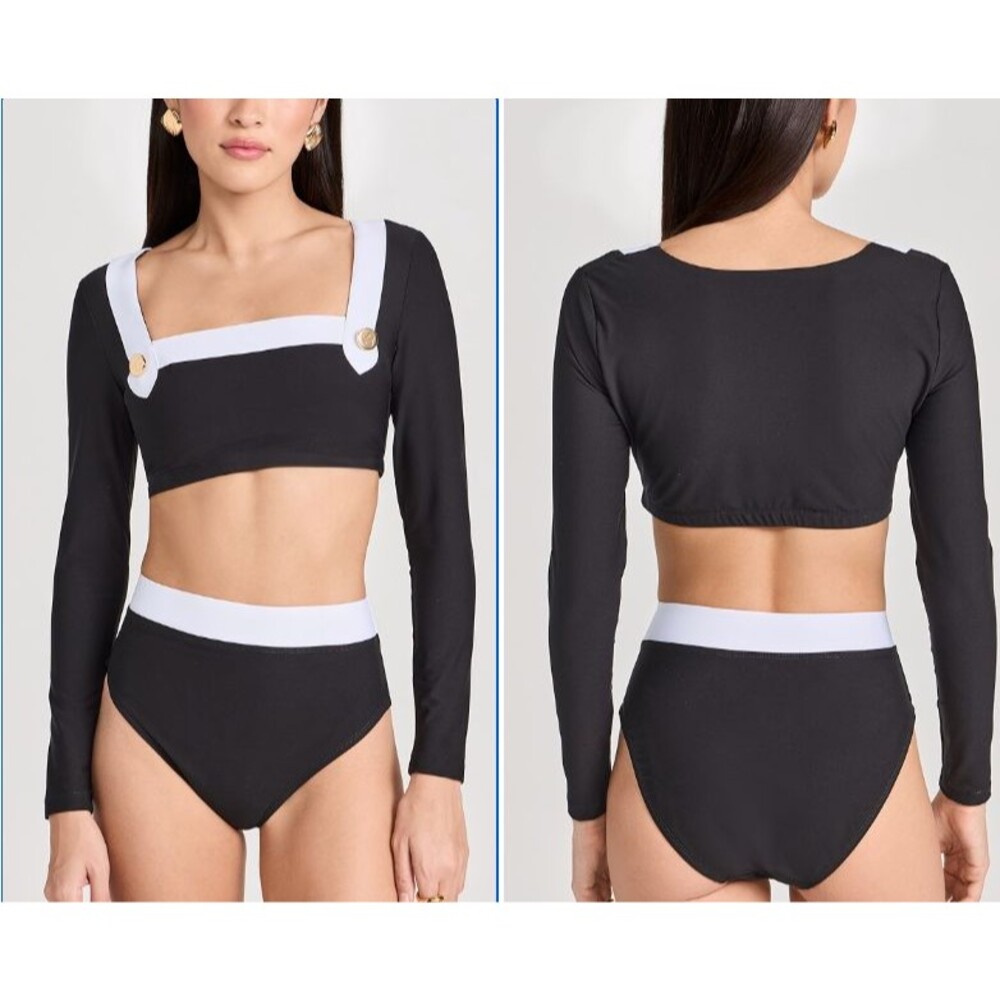 Stylest DreamSculpt Long Sleeve Crop Swim Top In Caviar/Blanc Women's Medium
